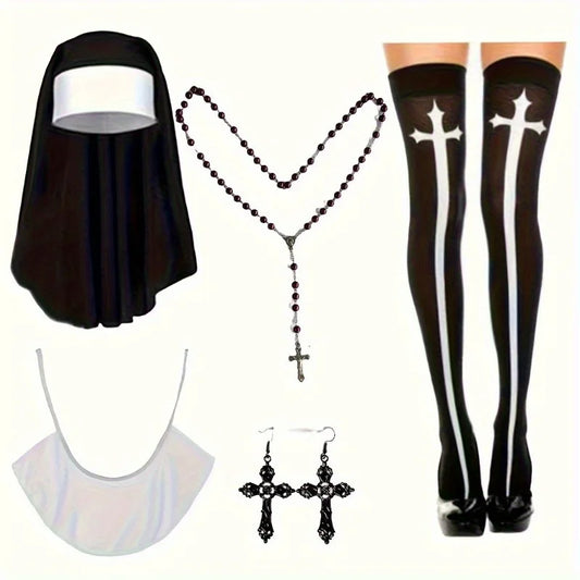 Nun Costume Accessory Set with Catholic Nun Costume Hat, Nun Collar,