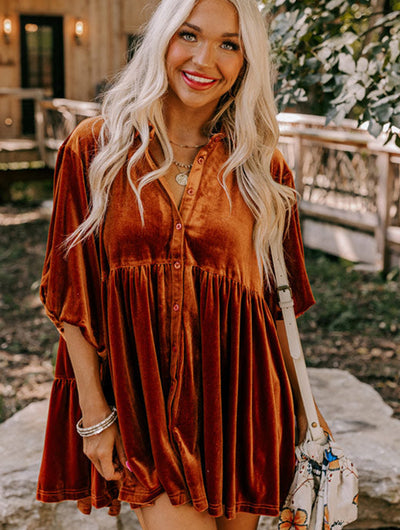 Chestnut 3/4 Sleeve Tunic Babydoll Velvet Shirt